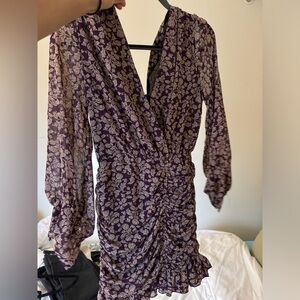Purple floral print mini dress with long sleeves and rouching and v-neck